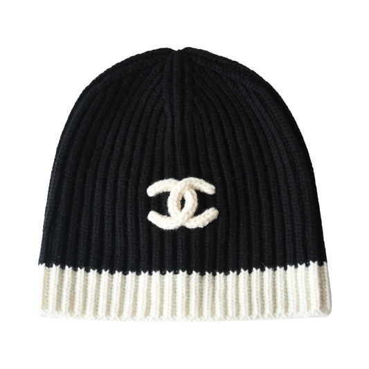 Chanel Cashmere Interlocking CC Logo Ribbed Beanie Black