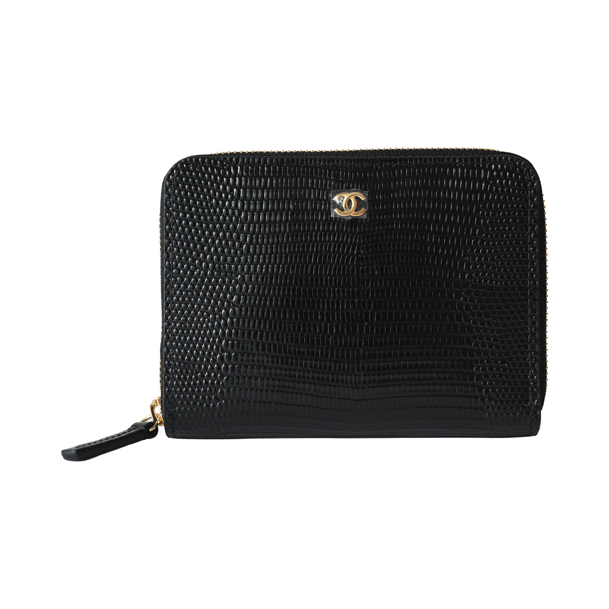 Chanel Lizard Embossed Compact Wallet Gold Hardware Black