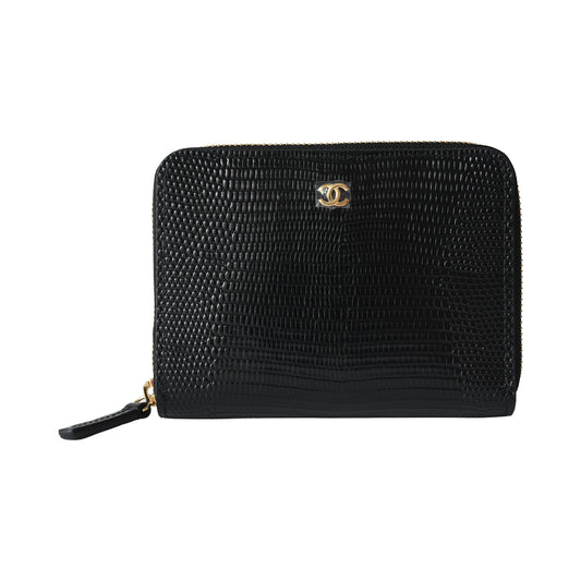Chanel Lizard Embossed Compact Wallet Gold Hardware Black