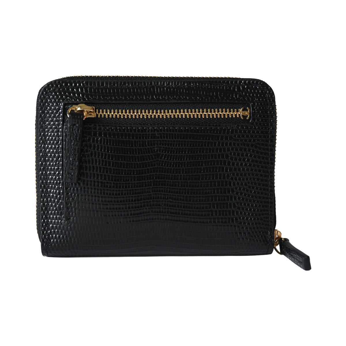 Chanel Lizard Embossed Compact Wallet Gold Hardware Black