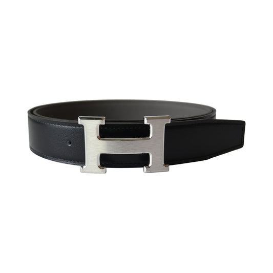Hermes 32 mm H Reversible Belt Strap Noir Etain
