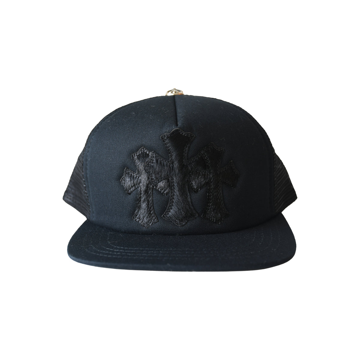 Chrome Hearts Calf Hair Triple Cross Patch Trucker Hat Black-NOBLEMARS