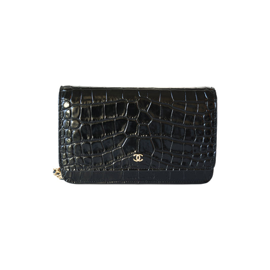 Chanel Crocodile Embossed Wallet on Chain Black-NOBLEMARS