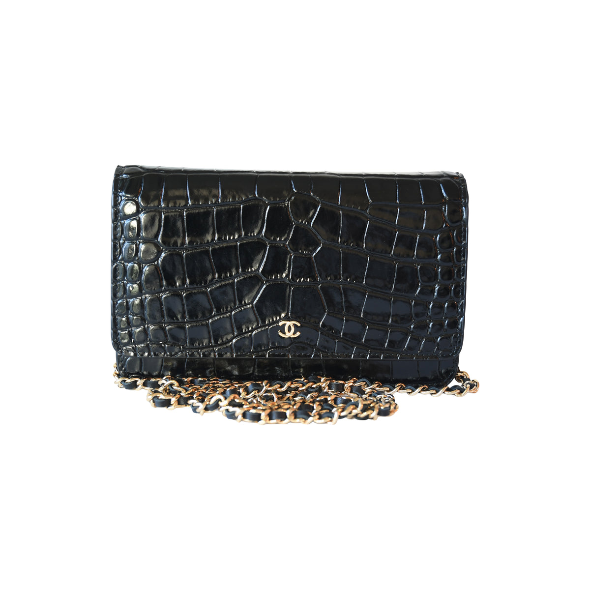 Chanel Crocodile Embossed Wallet on Chain Black-NOBLEMARS