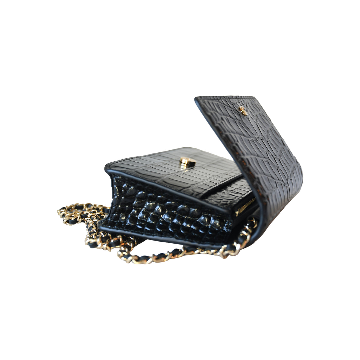 Chanel Crocodile Embossed Wallet on Chain Black-NOBLEMARS
