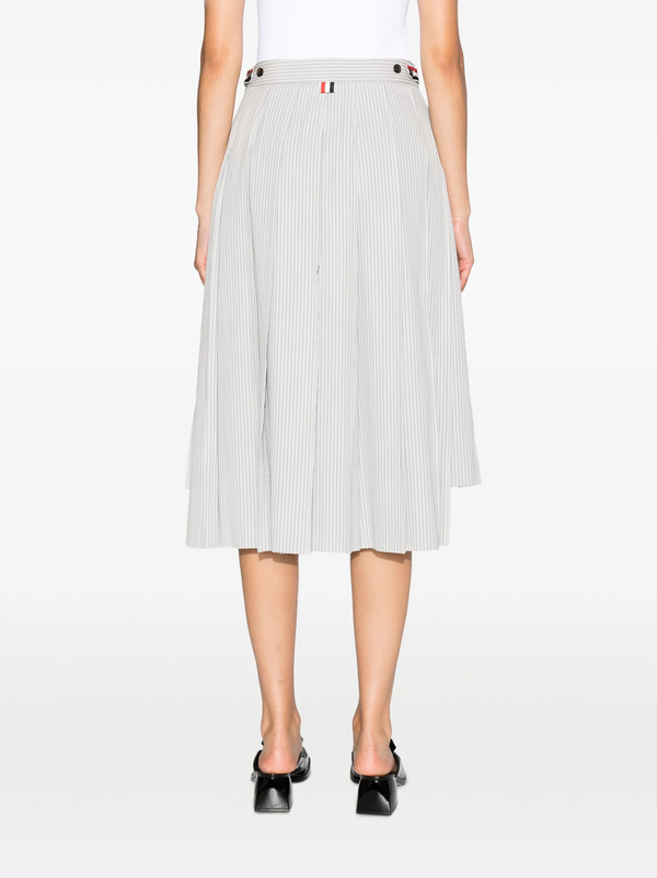 THOM BROWNE Women Classic Knee Length Dropped Back Pleated Skirt W/ Side Tabs In Cotton Seersucker-NOBLEMARS