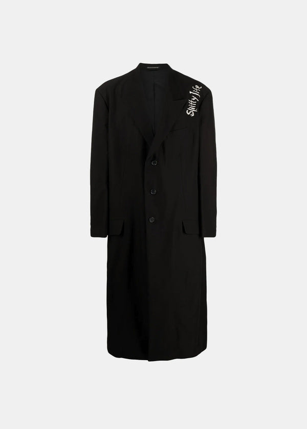 Yohji Yamamoto Black Embroidered Motif Single-Breasted Coat - NOBLEMARS