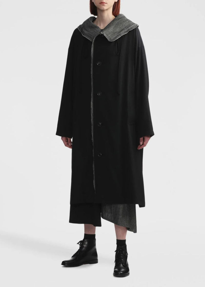 Y's Black/Grey Contrast-Lining Hooded Coat - NOBLEMARS