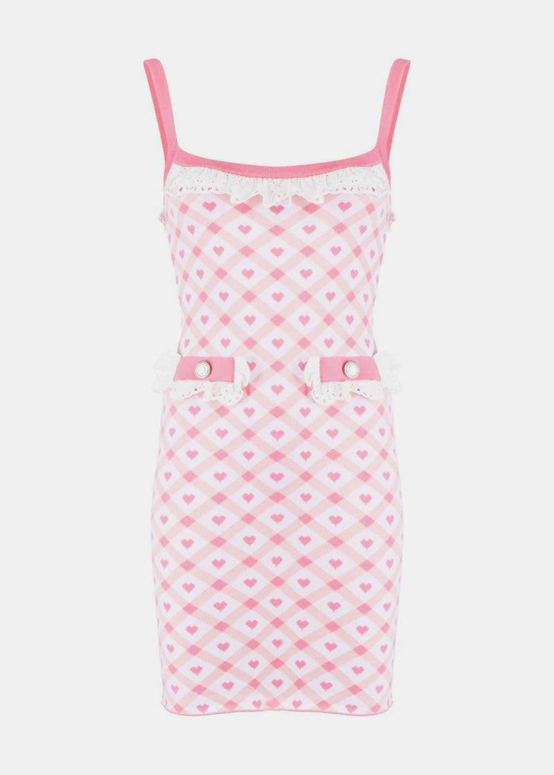 Alessandra Rich Pink Checked Jacquard Knitted Mini Dress - NOBLEMARS