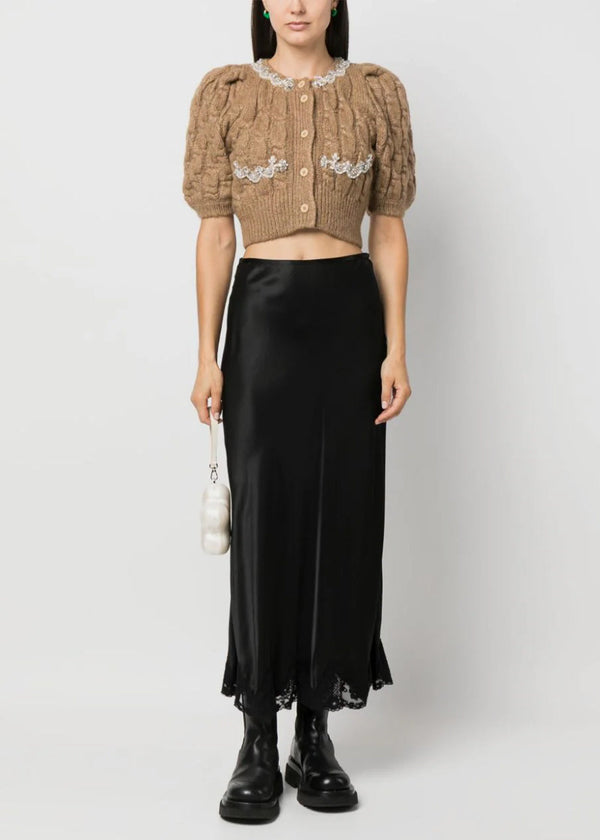Simone Rocha Camel Cropped Cable Puff Sleeve Cardigan