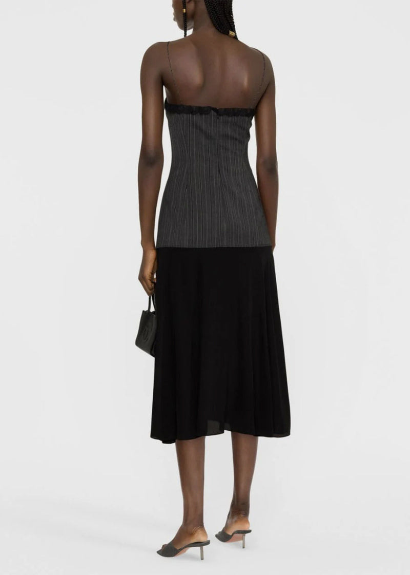Alessandra Rich Grey Pinstripe Lace-Up Midi Dress - NOBLEMARS