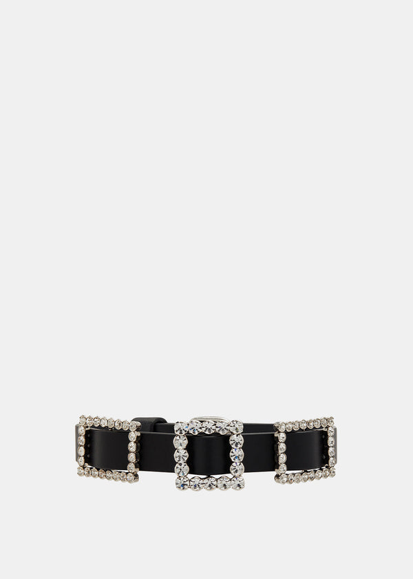 Alessandra Rich Black Leather Choker With Crystal Buckles - NOBLEMARS