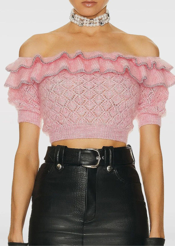 ALESSANDRA RICH Pink Mohair Lace Knit Off Shoulder Top - NOBLEMARS