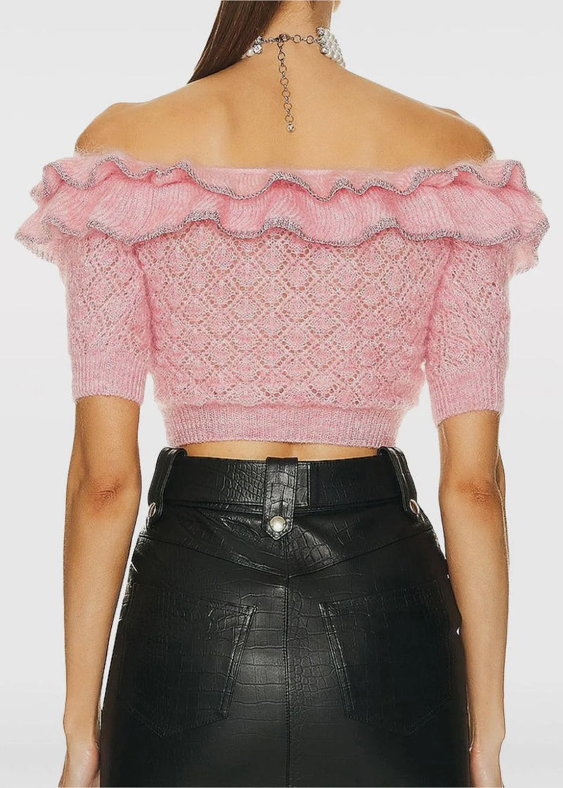 ALESSANDRA RICH Pink Mohair Lace Knit Off Shoulder Top - NOBLEMARS