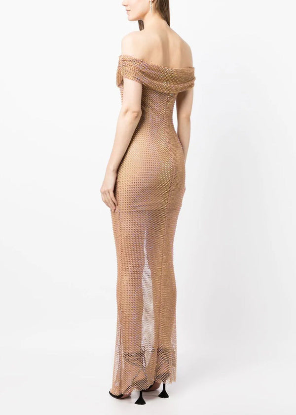 Self-Portrait Tan Hotfix Fishnet Maxi Dress - NOBLEMARS