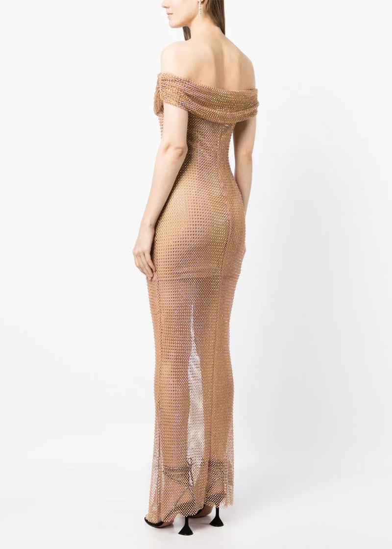Self-Portrait Tan Rhinestone Fishnet Dress - Stylemyle