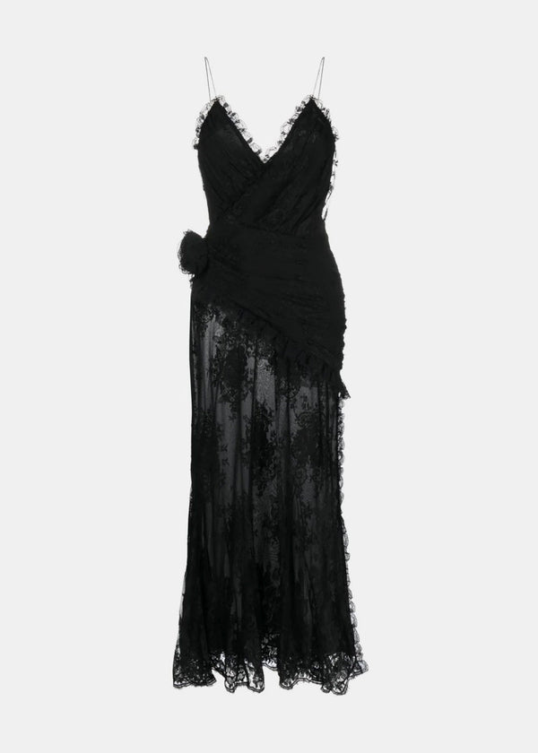 Alessandra Rich Black Lace Evening Slip Dress With Rose Detail