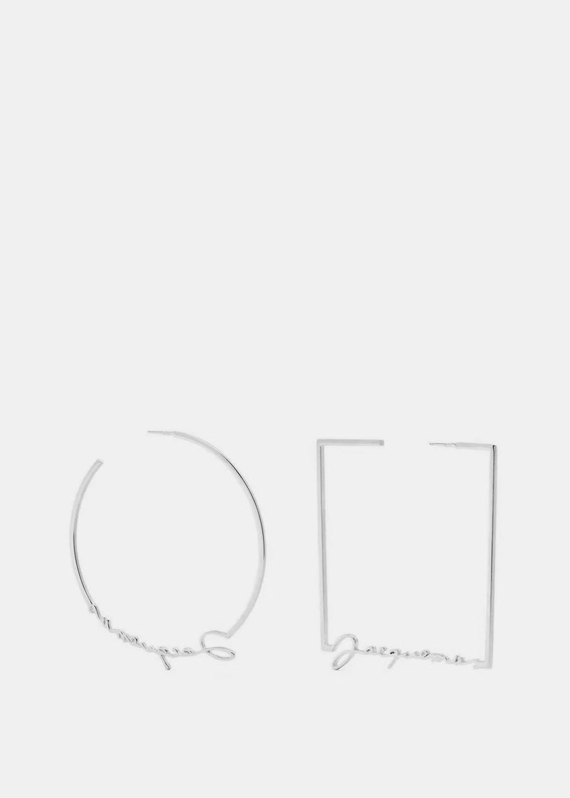 Jacquemus Silver 'Les Créoles Jacquemus' Logo Earrings - NOBLEMARS