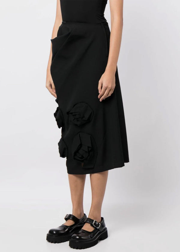 COMME DES GARçONS COMME DES GARçONS Black Floral Appliqué Ruched Midi Skirt - NOBLEMARS