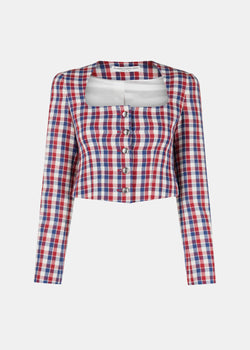 Alessandra Rich Blue/Red Checked Squared Neck Jacket - NOBLEMARS