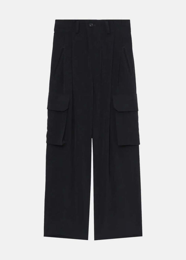 Y'S Black Pleated High-Waisted Cargo Trousers - NOBLEMARS