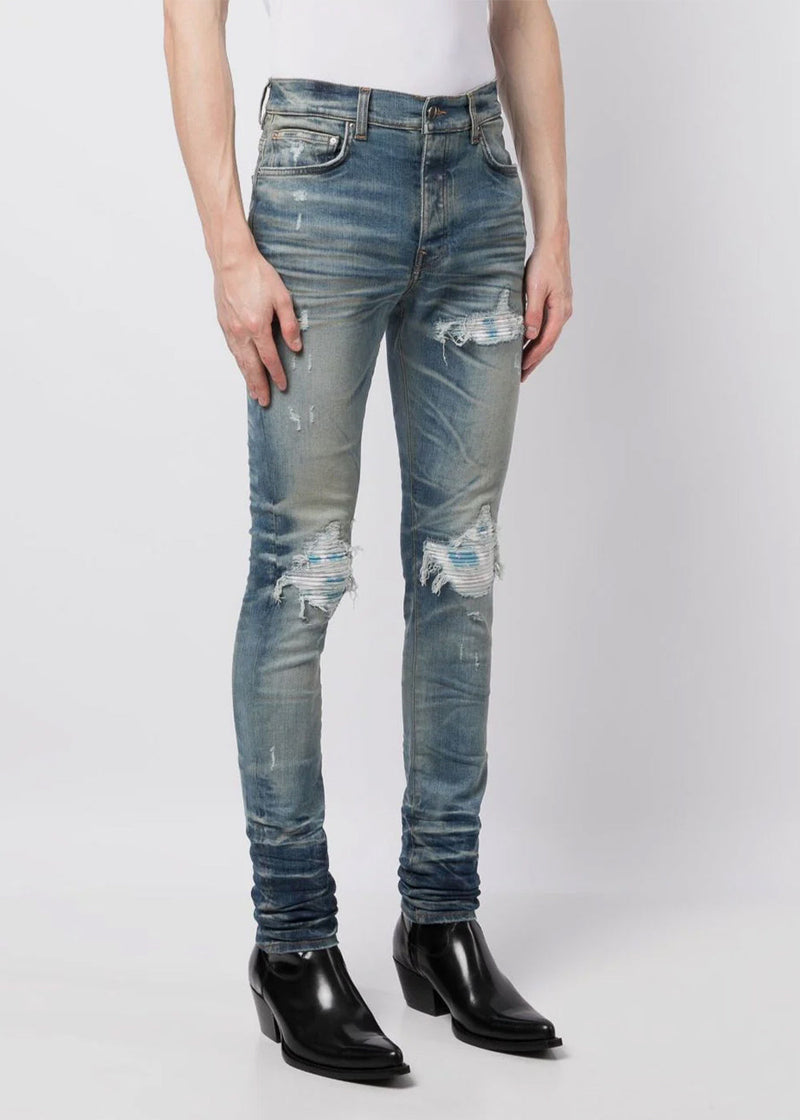 AMIRI Blue MX1 Distressed Skinny Jeans - NOBLEMARS