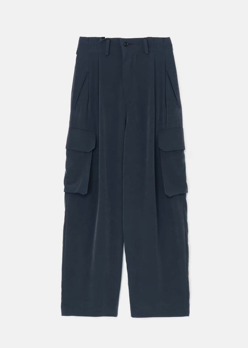 Y'S Blue Grey Pleated High-Waisted Cargo Trousers - NOBLEMARS