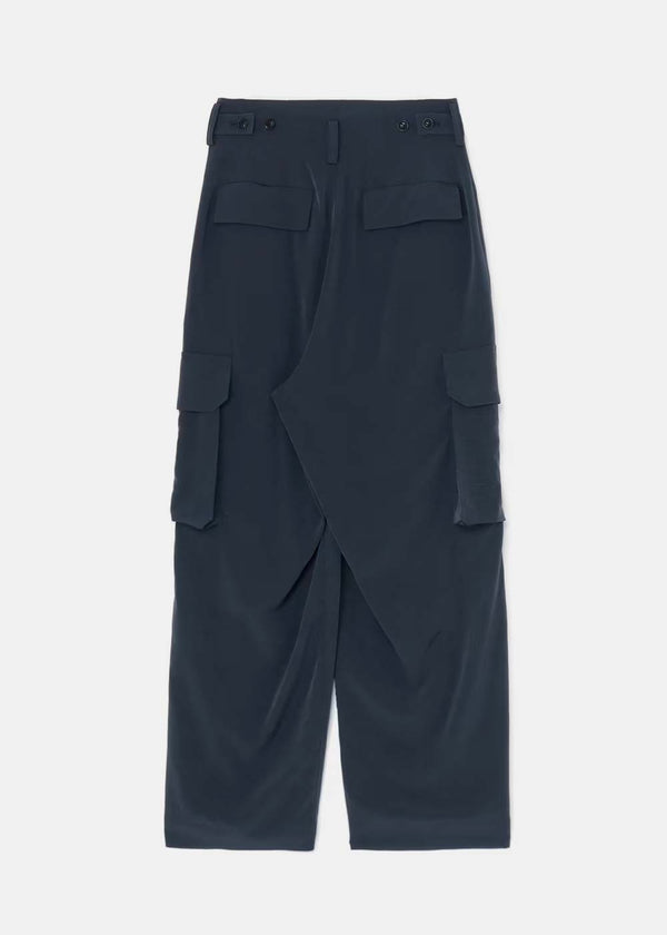 Y'S Blue Grey Pleated High-Waisted Cargo Trousers - NOBLEMARS
