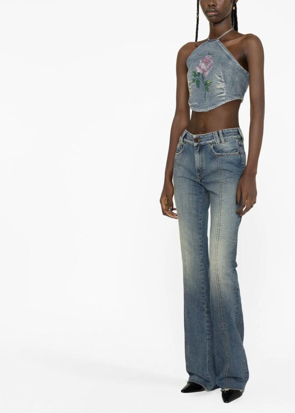 Alessandra Rich Blue Flared Jeans With Crystal Rose - NOBLEMARS
