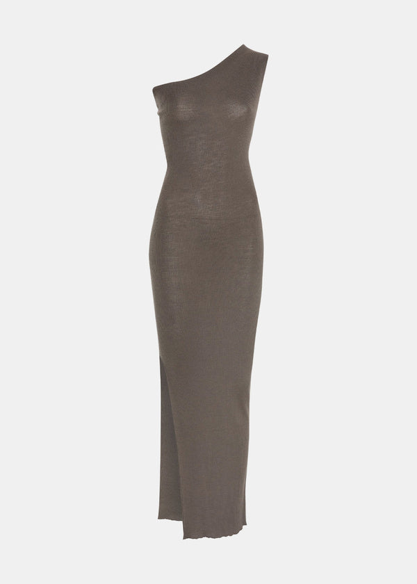 RICK OWENS Taupe One-Shoulder Ribbed Maxi Dress - NOBLEMARS
