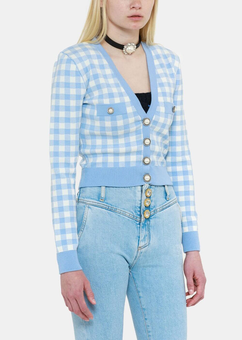 Alessandra Rich Blue & White Gingham Cropped Cardigan - NOBLEMARS