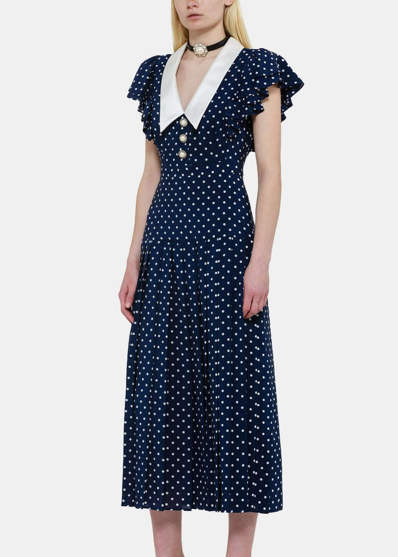 Alessandra Rich Navy Polka Dot Silk Dress NOBLEMARS