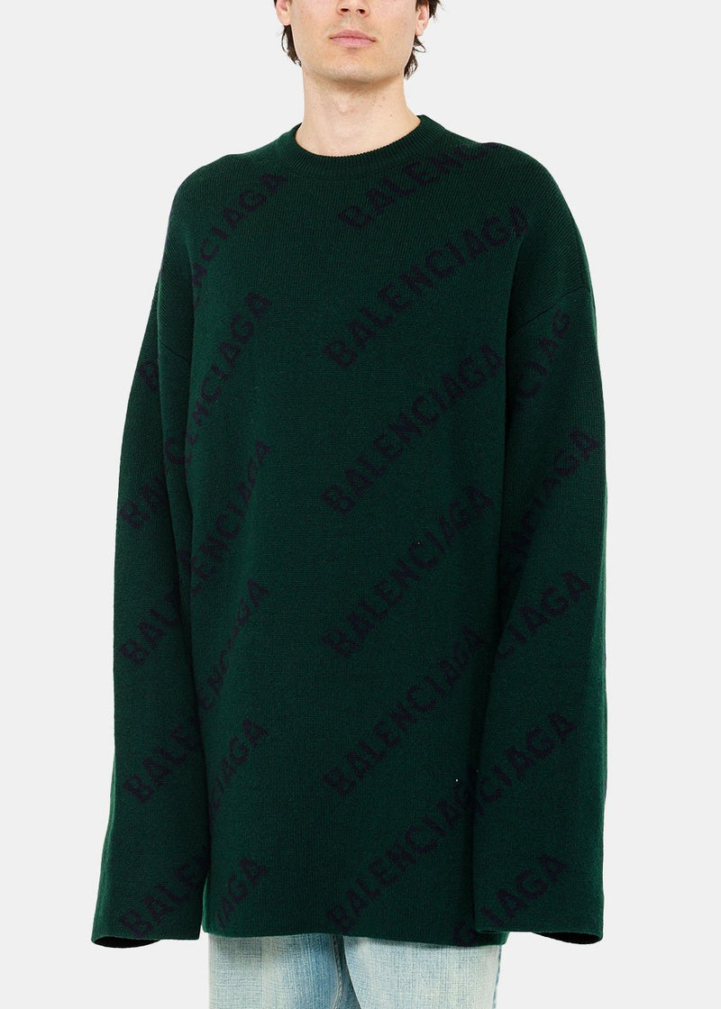Balenciaga Dark Green Logo Jacquard Sweater - NOBLEMARS