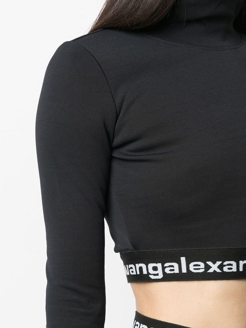 T BY ALEXANDER WANG WOMEN TEXTURED DOUBLE JERSEY LONG SLEEVE CROPPED TURTLENECK WITH LOGO ELASTIC AT HEM - NOBLEMARS