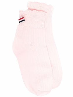 THOM BROWNE WOMEN CREW LENGTH SOCKS W/ RIBBED LACE & RWB BOW TRIM IN POINTELLE OVERTWISTED COTTON - NOBLEMARS