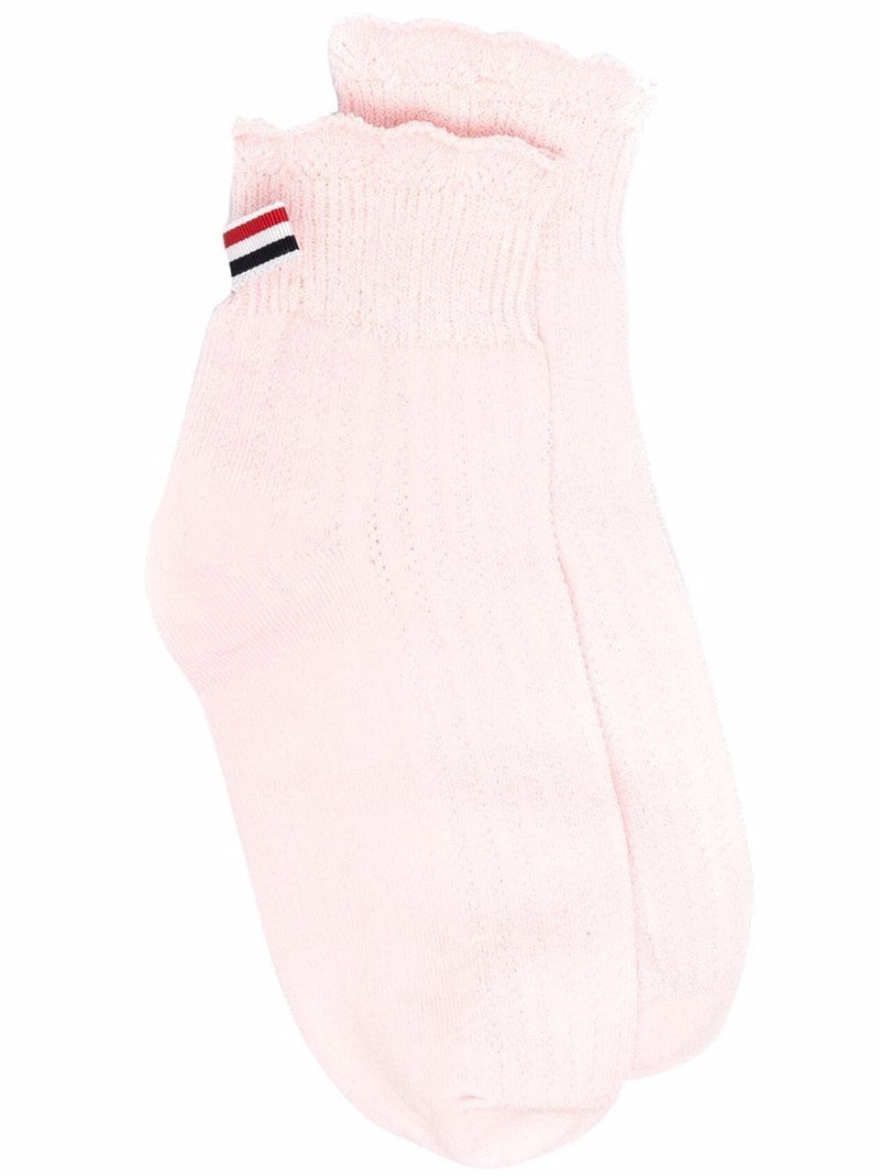 THOM BROWNE WOMEN CREW LENGTH SOCKS W/ RIBBED LACE & RWB BOW TRIM IN POINTELLE OVERTWISTED COTTON - NOBLEMARS