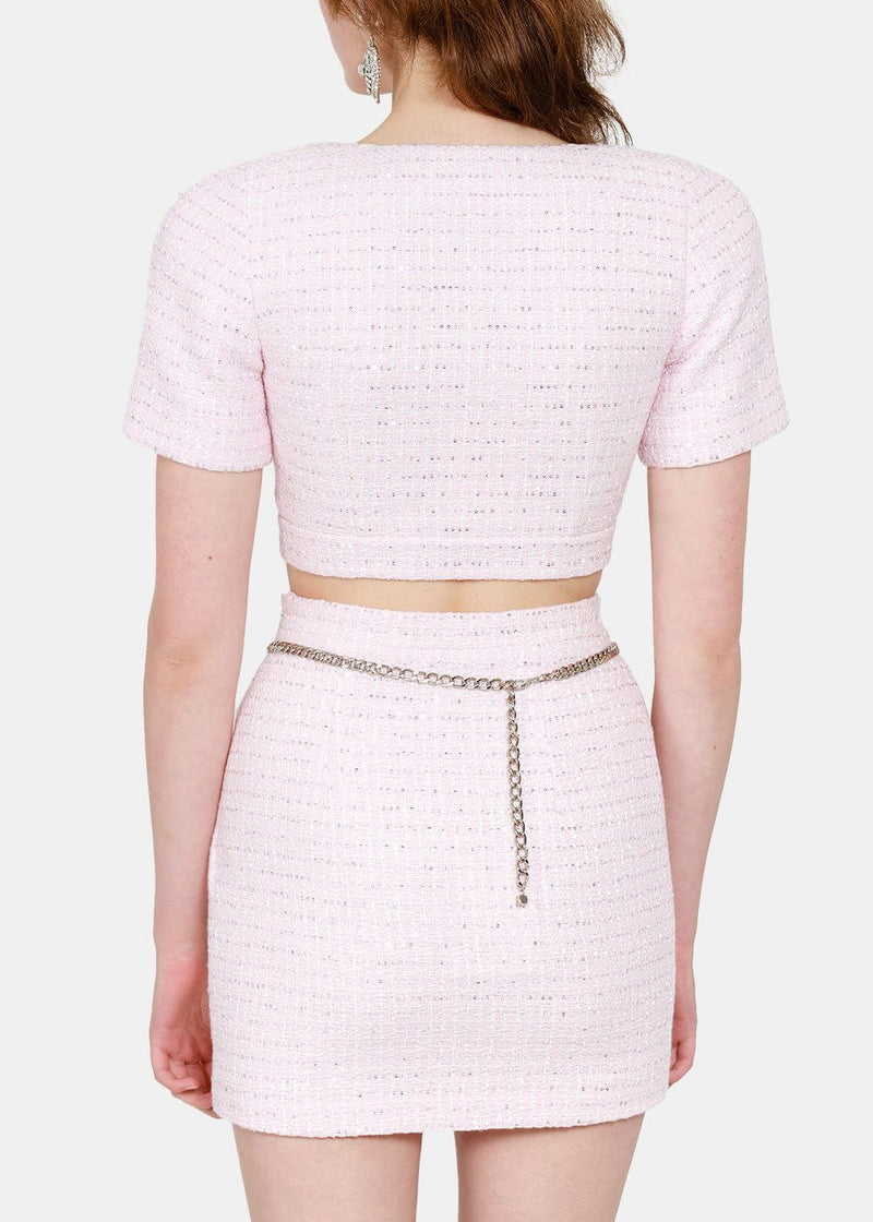 Alessandra Rich Pink & White Sequin Tweed Cropped Jacket - NOBLEMARS