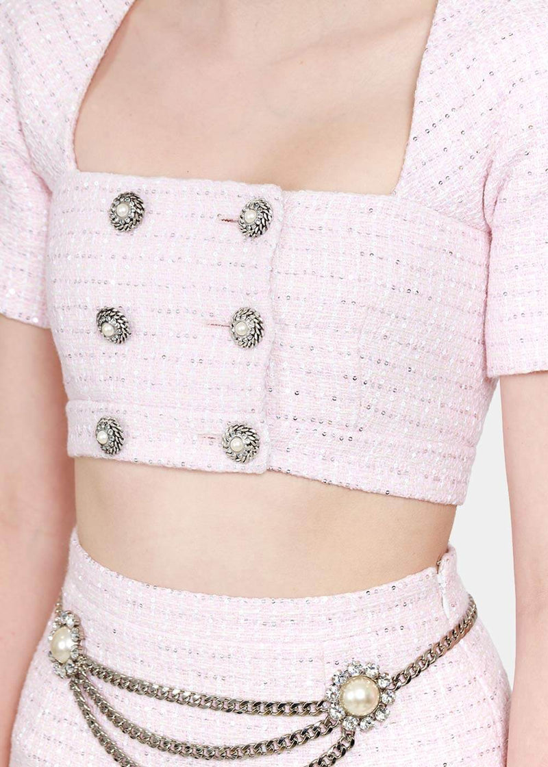 Alessandra Rich Pink & White Sequin Tweed Cropped Jacket - NOBLEMARS