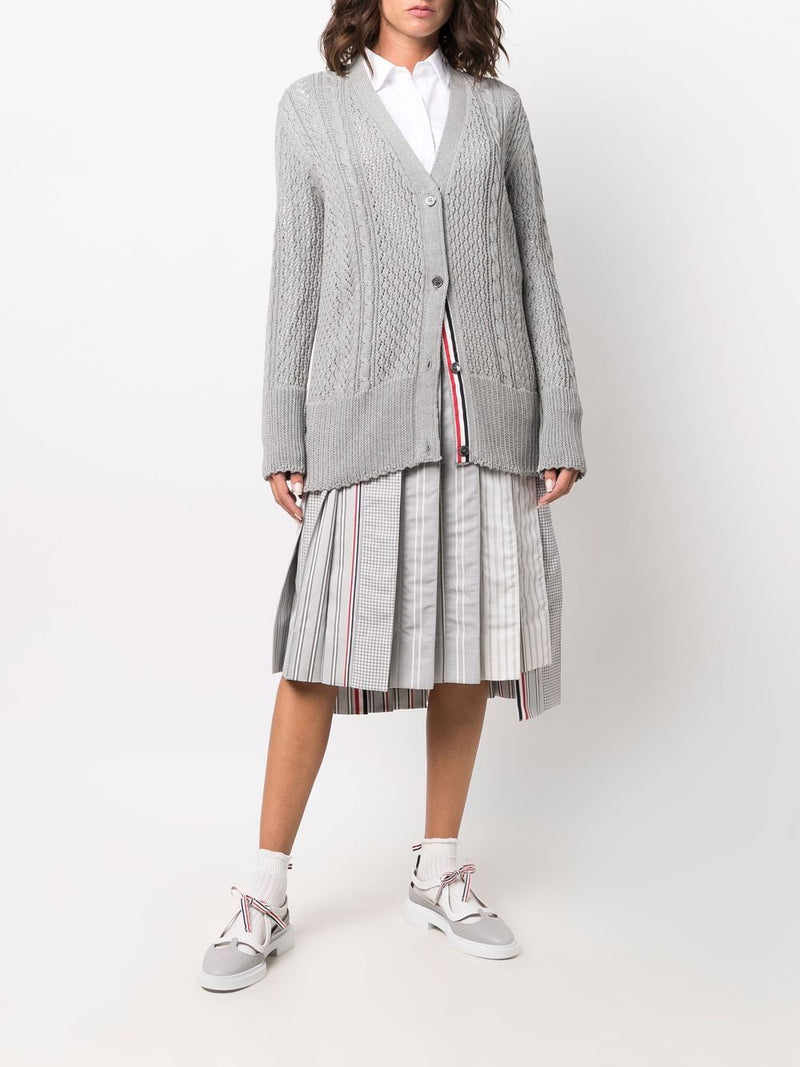 THOM BROWNE WOMEN V-NECK CARDIGAN W/ CONTRAST TIPPING & POINTELLE 4 BAR IN JERSEY STITCH COTTON - NOBLEMARS