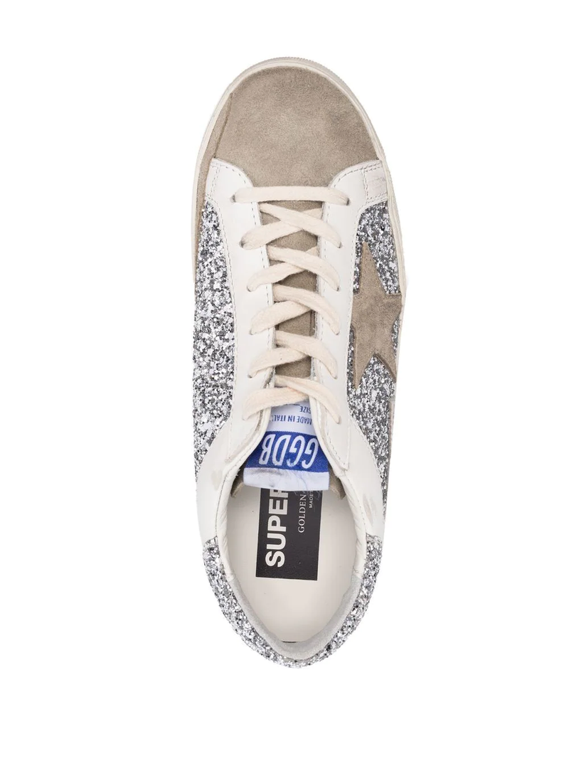 GOLDEN GOOSE WOMEN SUPER STAR GLITTER AND LEATHER UPPER SUEDE STAR LOW TOP SNEAKERS - NOBLEMARS