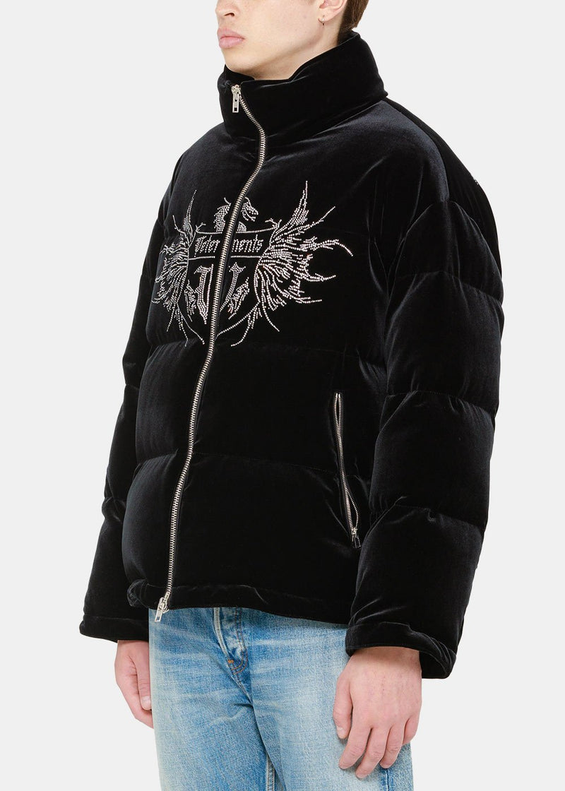 VETEMENTS Black Velvet Crystal Logo Puffer Jacket - NOBLEMARS