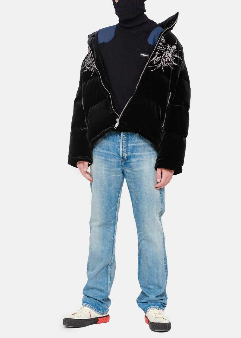 VETEMENTS Black Velvet Crystal Logo Puffer Jacket - NOBLEMARS