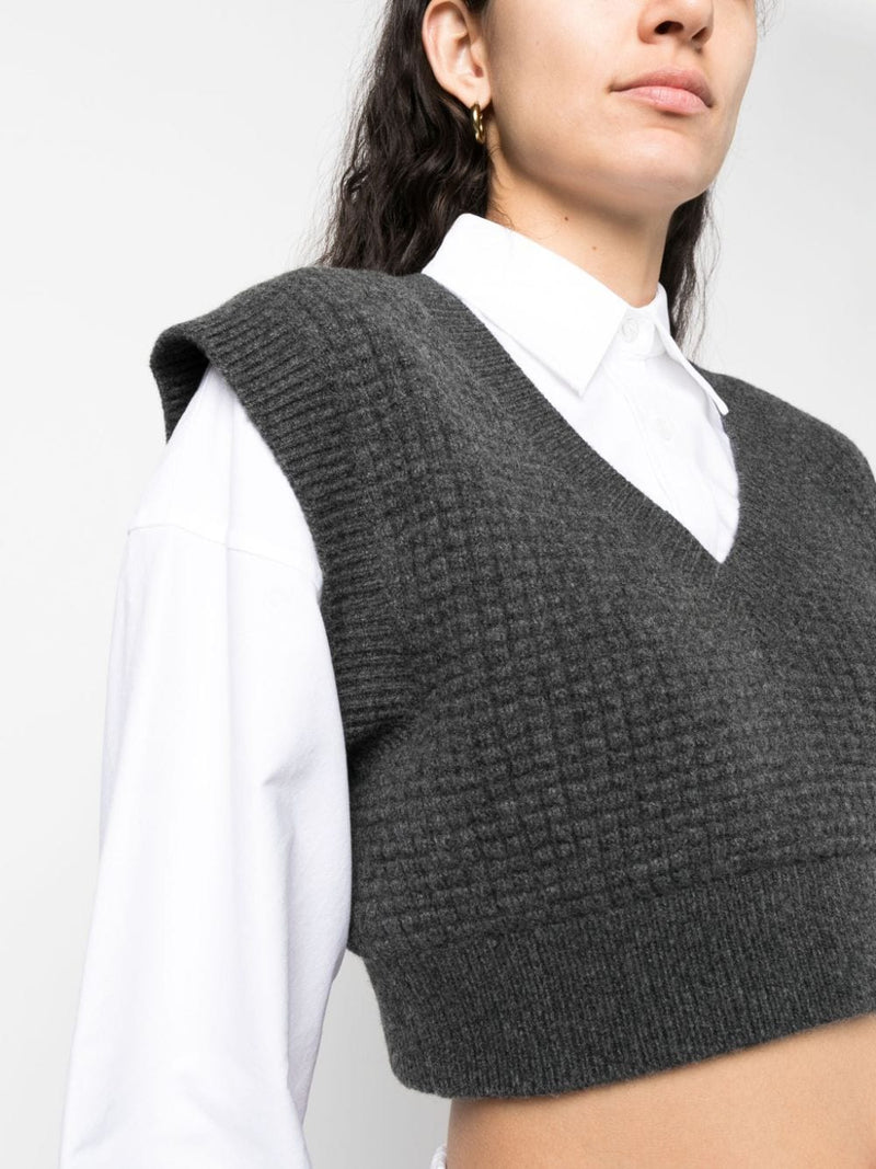 T BY ALEXANDER WANG WOMEN BILAYER V-NECK WAFFLE VEST W/ OXFORD SHIRTING - NOBLEMARS