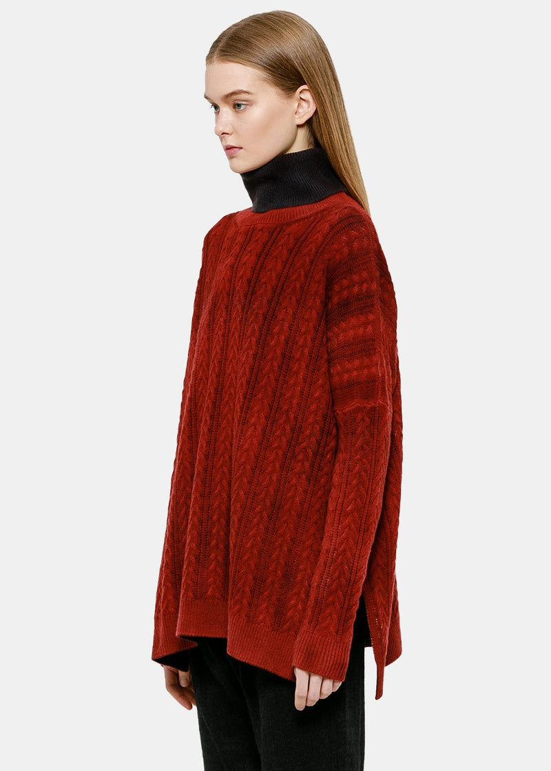 Avant Toi Coral Red Cable Knit Turtleneck - NOBLEMARS