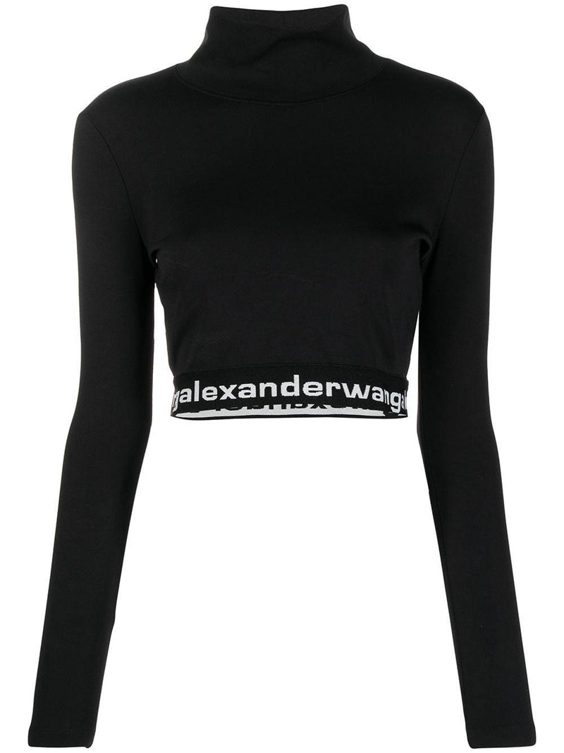 T BY ALEXANDER WANG WOMEN TEXTURED DOUBLE JERSEY LONG SLEEVE CROPPED TURTLENECK WITH LOGO ELASTIC AT HEM - NOBLEMARS