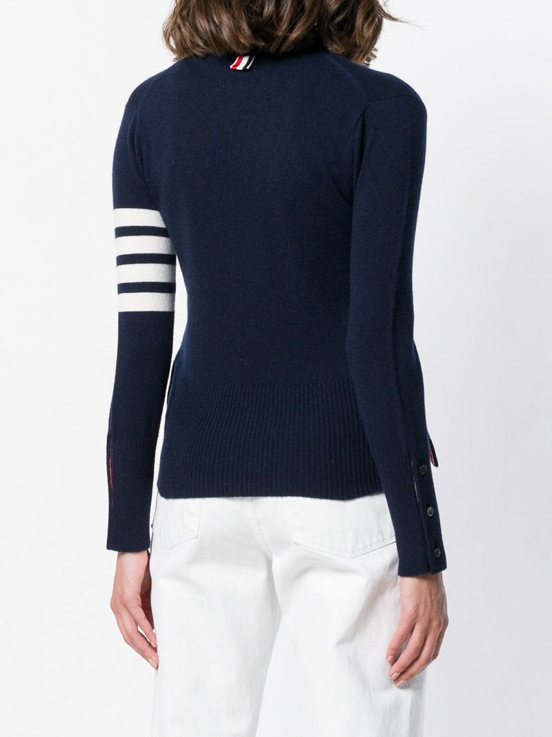 THOM BROWNE WOMEN CLASSIC V NECK CARDIGAN IN CASHMERE WITH WHITE 4 BAR SLEEVE STRIPE