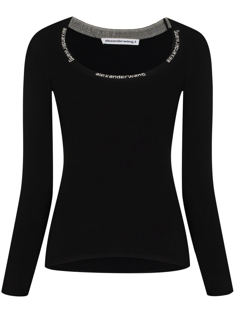 T BY ALEXANDER WANG SCOOP NECK LONG SLEEVE PULLOVER WITH KNIT LOGO TRIM ON NECKLINE