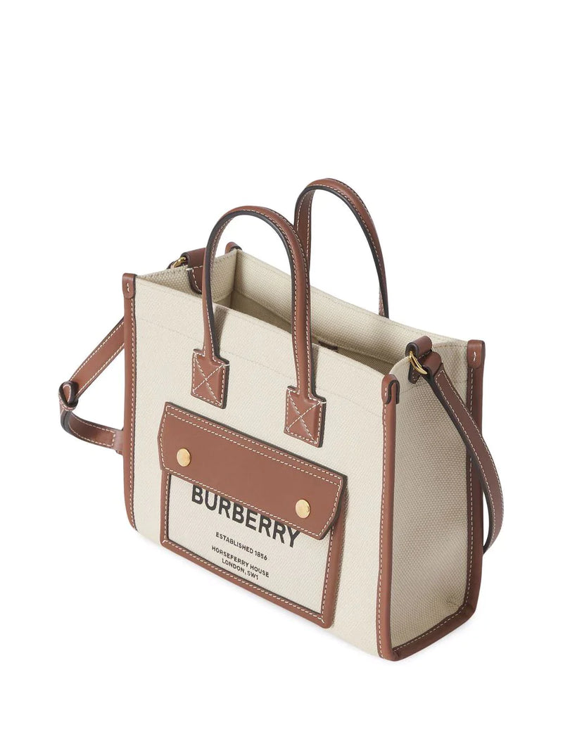 BURBERRY WOMEN MINI TWO-TONE CANVAS AND LEATHER FREYA TOTE - NOBLEMARS