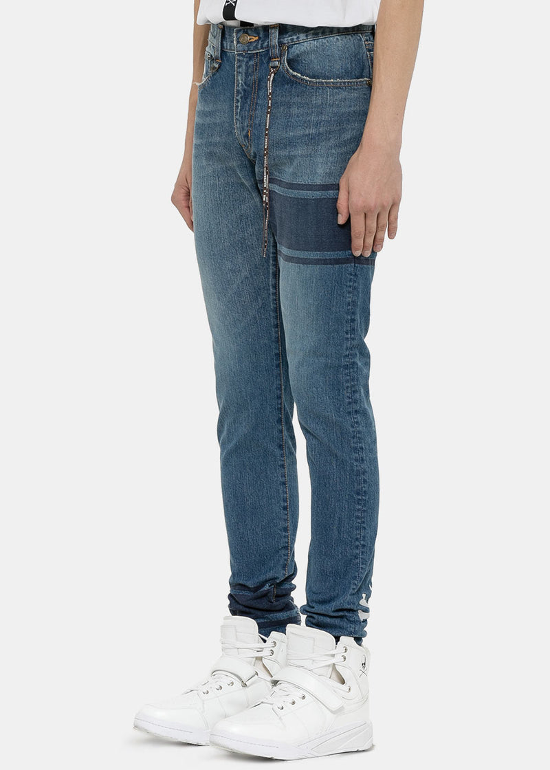MASTERMIND WORLD Blue Banded Drop Rear Logo Jeans - NOBLEMARS
