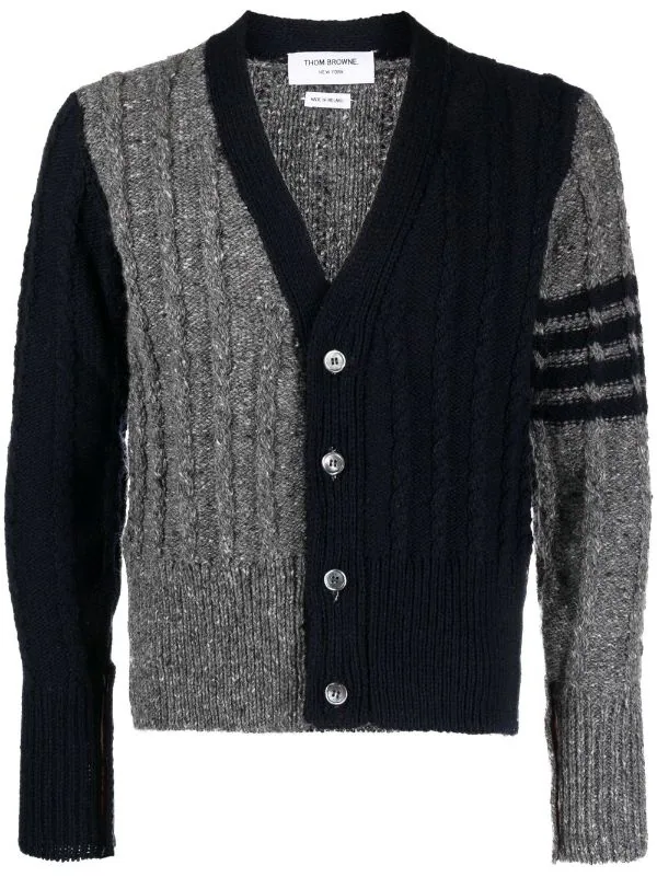 THOM BROWNE MEN FUN MIX BICOLOR TWIST CABLE CLASSIC V NECK